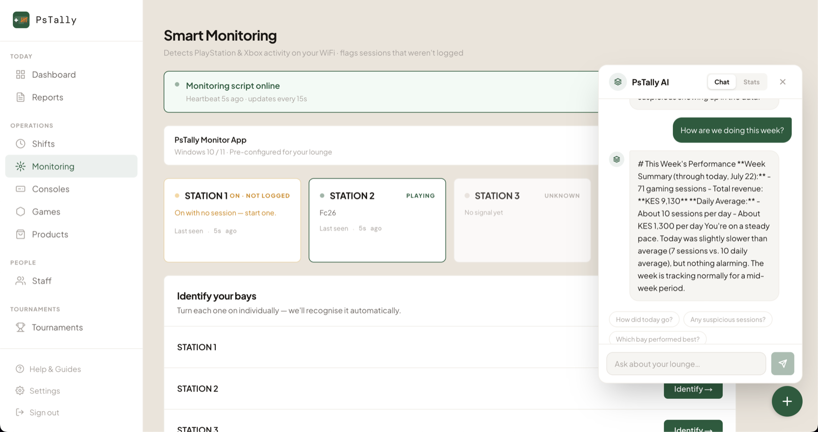 PsTally AI answering 'How are we doing this week?' with a grounded summary — 71 sessions, KES 9,130, daily average
