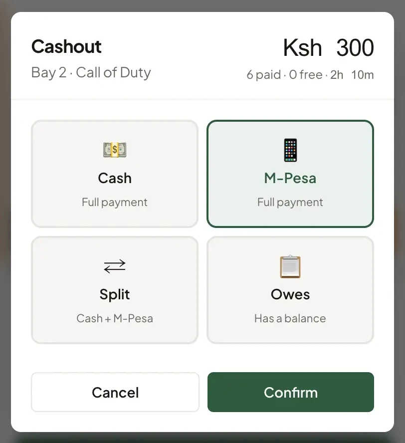 Cashout — cash, M-Pesa, split, or owes