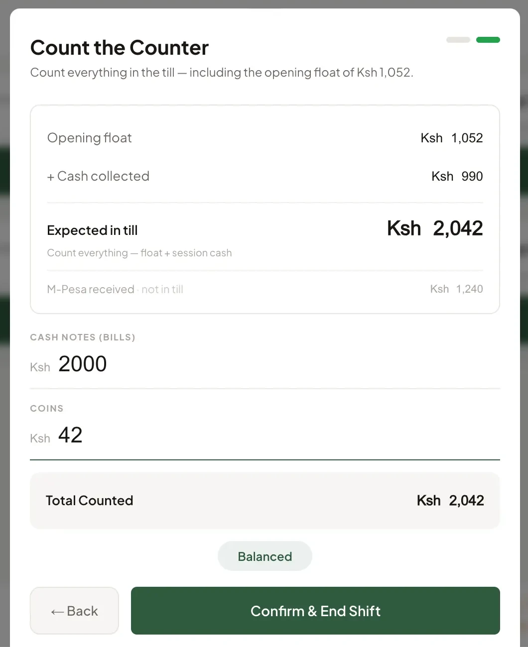 Count the Counter — expected in till, M-Pesa excluded, total counted