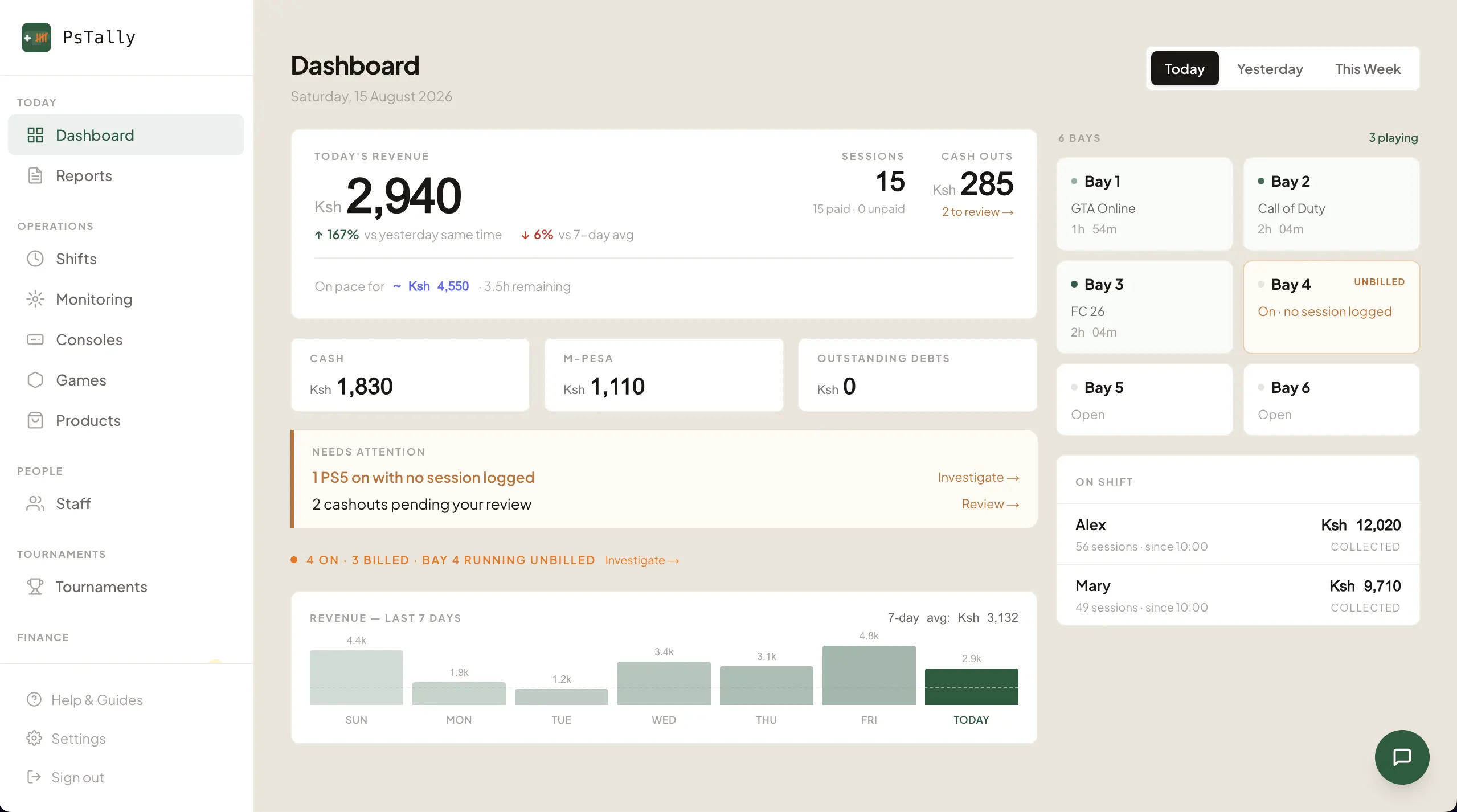 Owner dashboard — four consoles on, three billed, one running unbilled