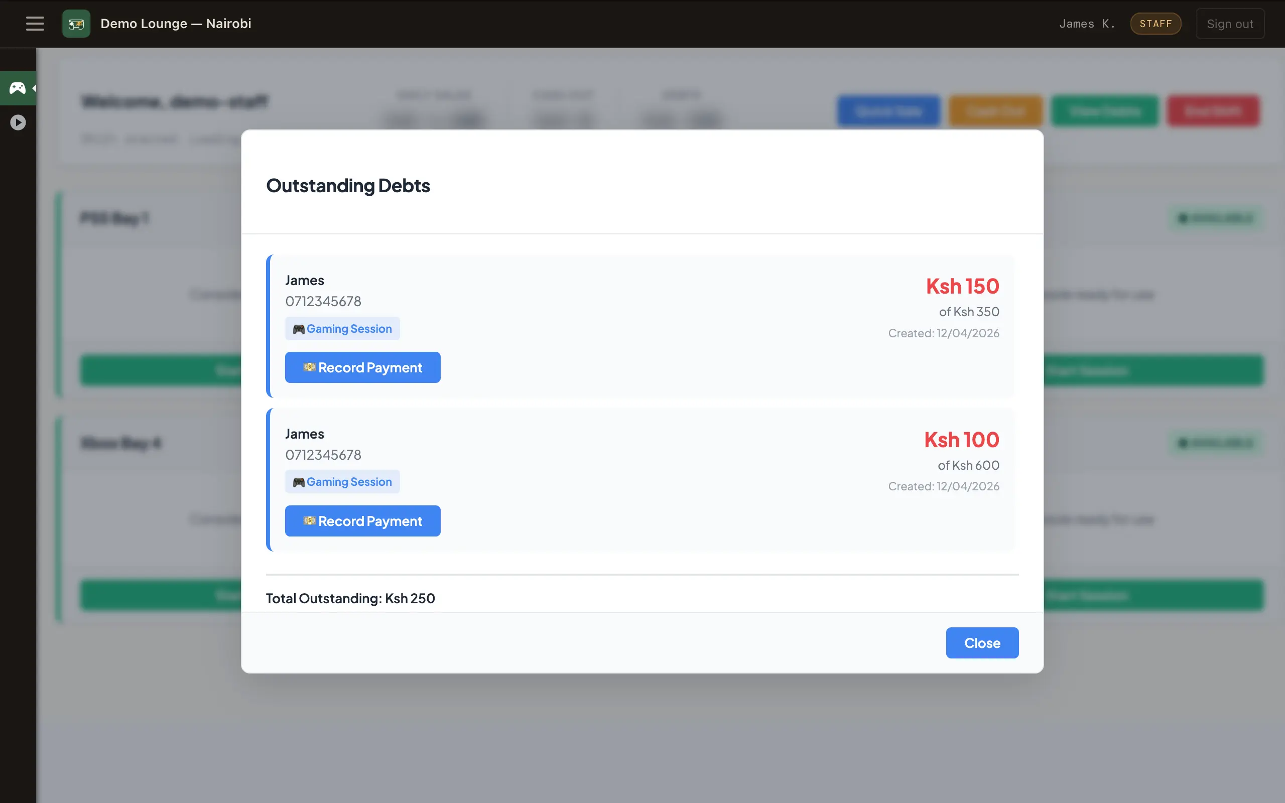 PsTally outstanding debts — customer balances with amounts owed and record payment action