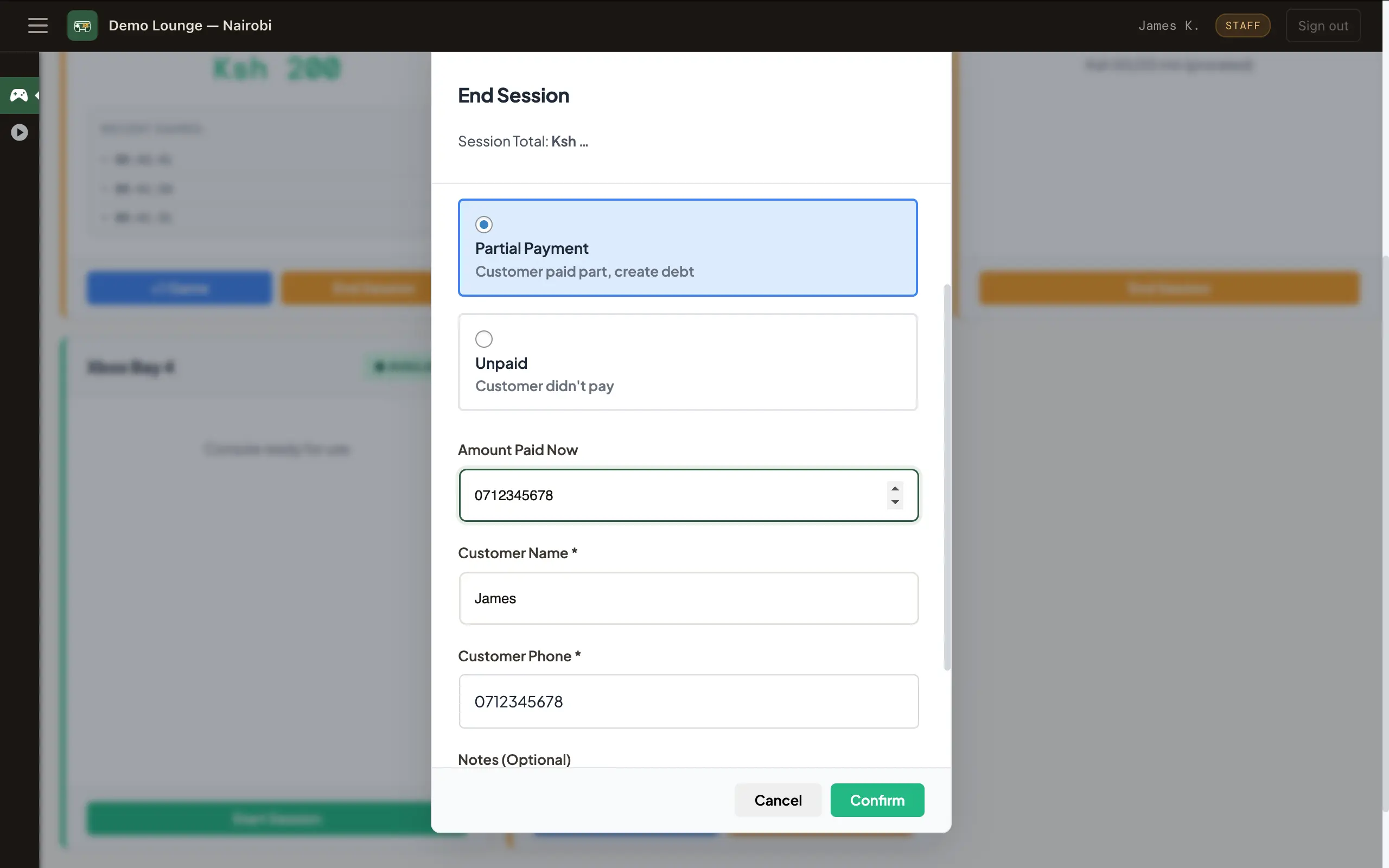 PsTally partial payment — end session with partial payment option, customer name and phone captured