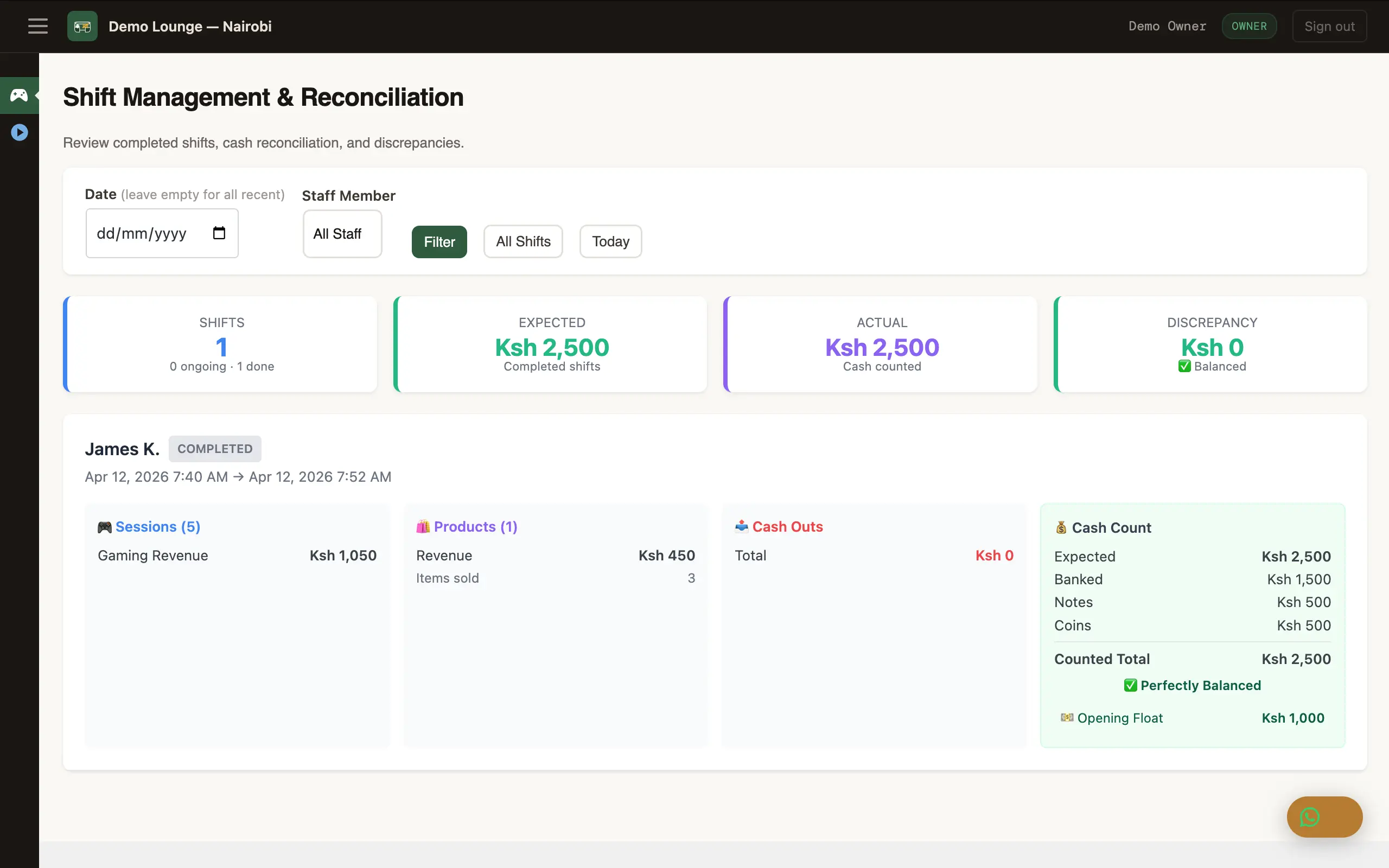 PsTally shift management — owner reconciliation view with sessions, products, cash breakdown