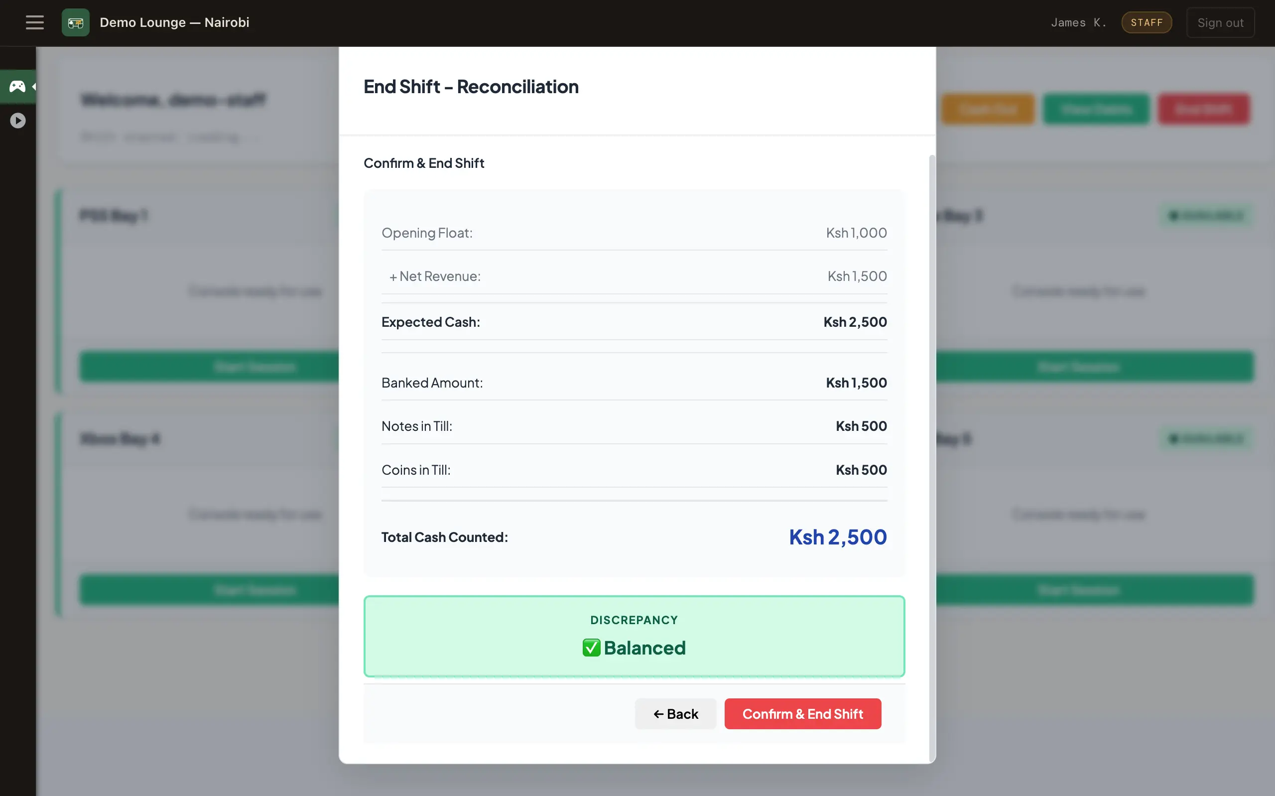 PsTally shift close — expected cash vs counted, Balanced