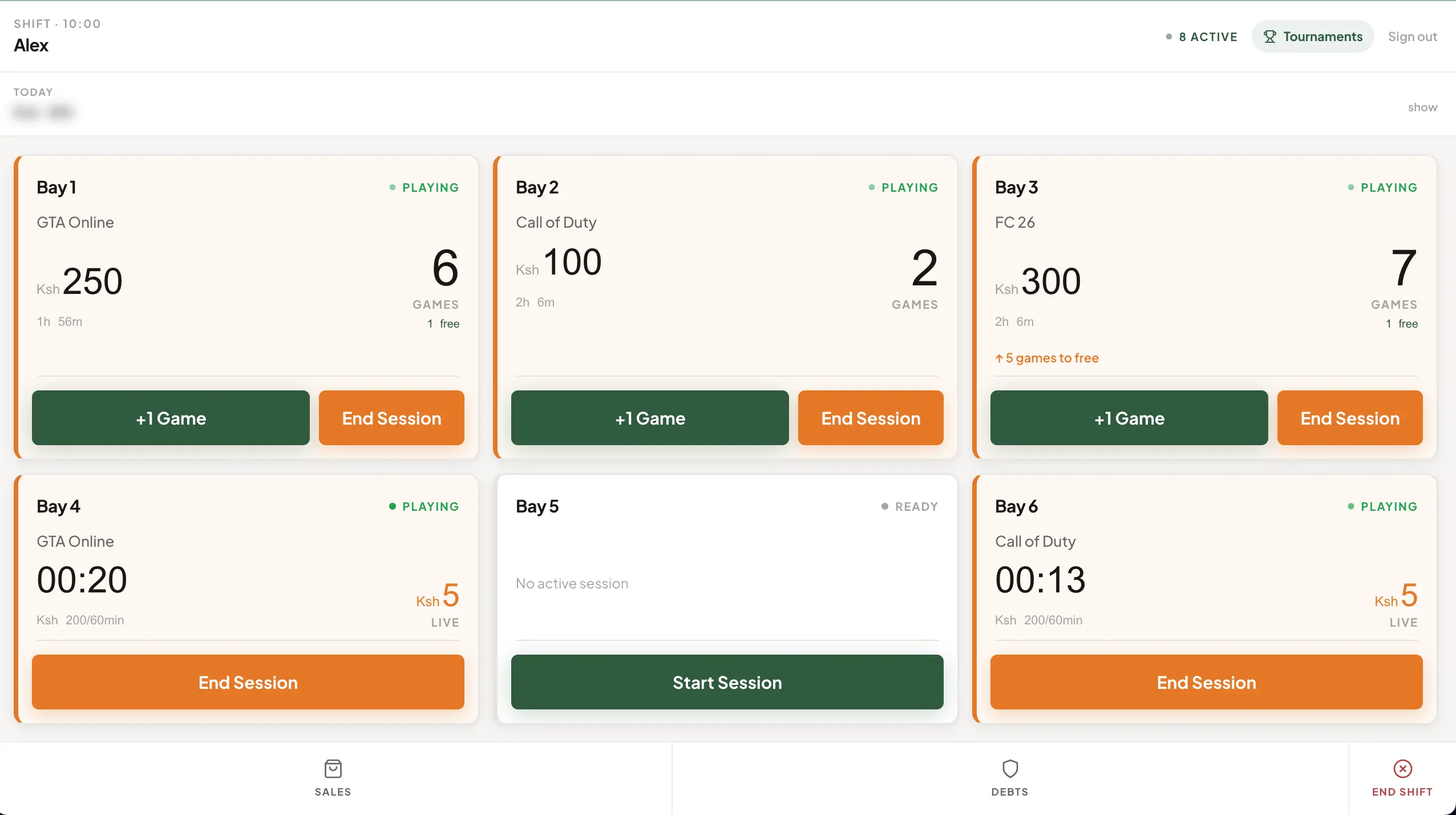 PsTally staff view — six bays, live timers, one action per card