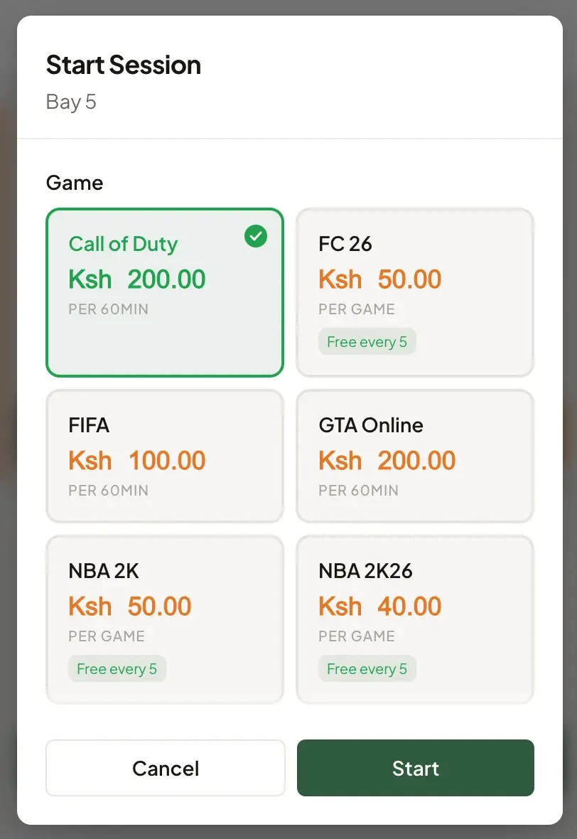 Start session — game and price selection
