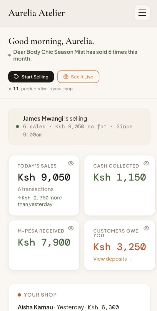 Stoka owner dashboard — mobile view showing stacked metrics and insight sentence