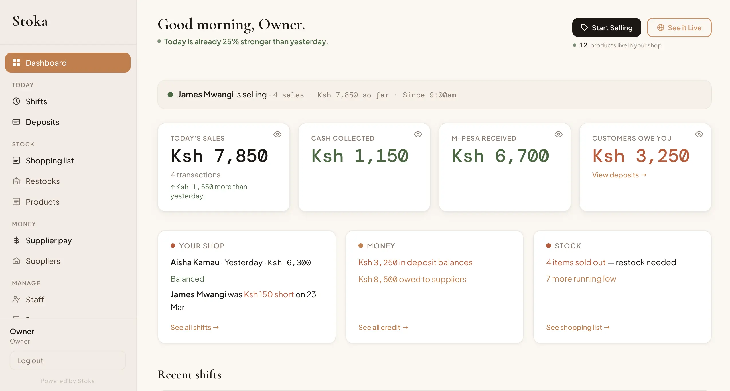 Stoka owner dashboard — desktop view showing full layout with sidebar, metrics, and alert cards