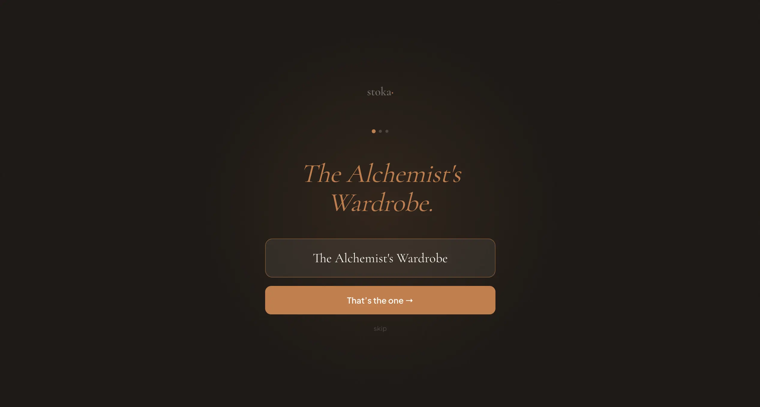 Stoka demo — The Alchemist's Wardrobe. Shop name confirmation screen