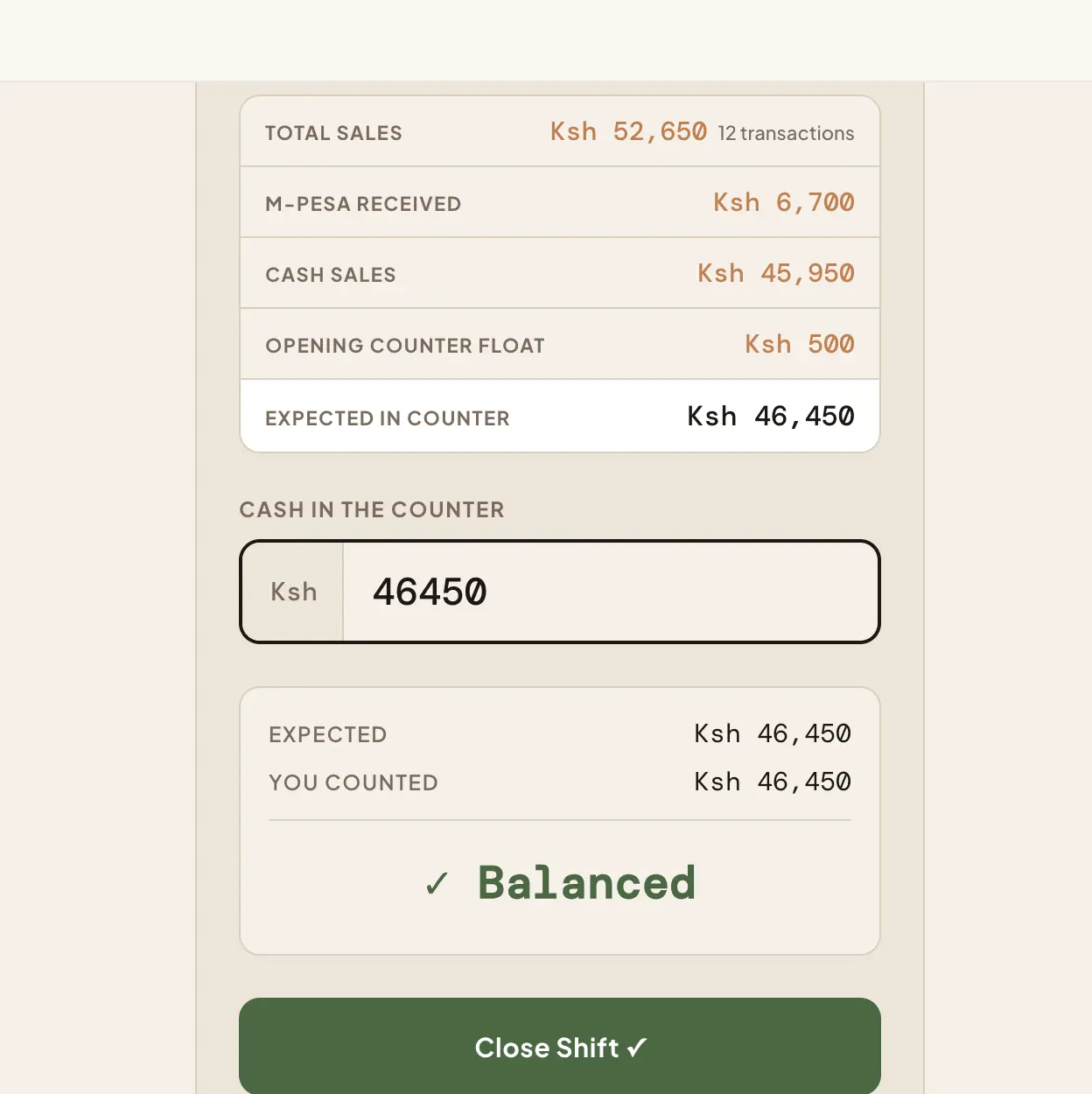 Mobile shift close screen showing cash counted and Balanced result