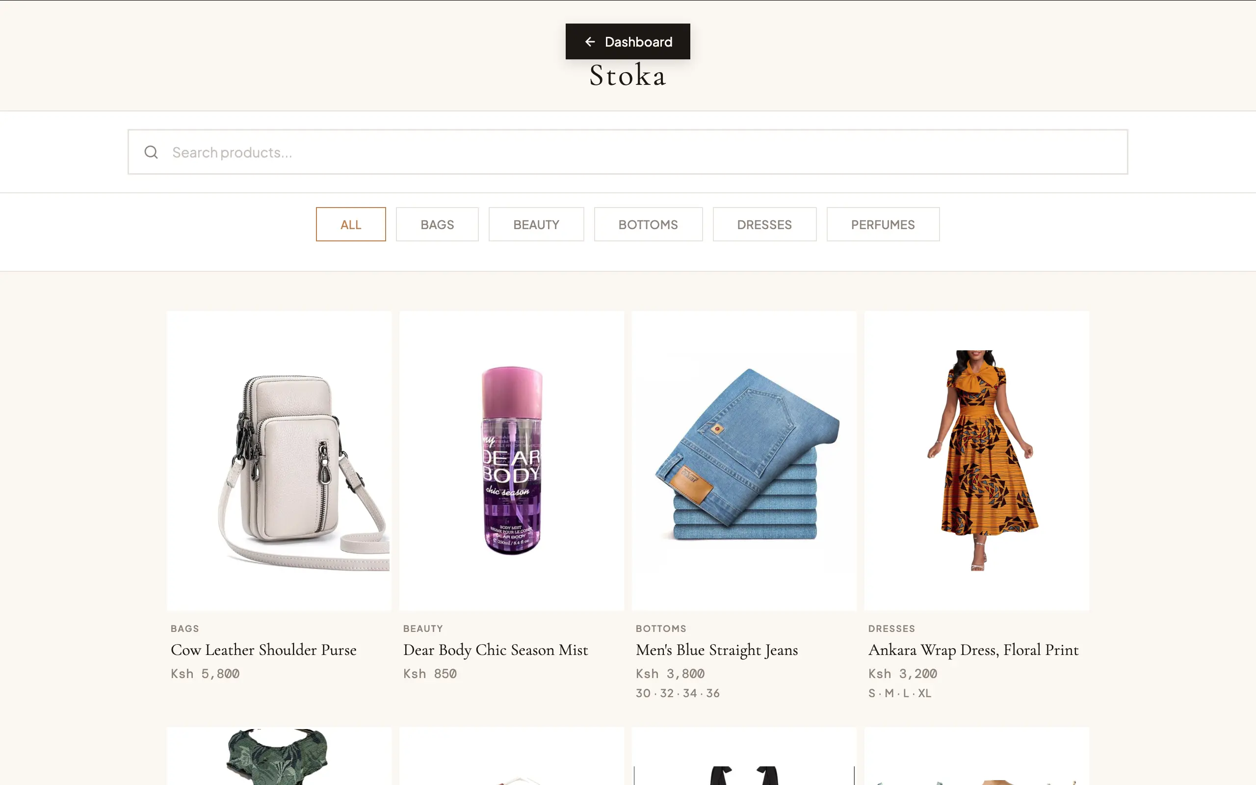 Public shop page showing product grid with categories and search