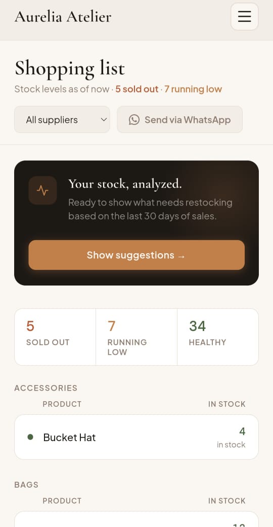Shopping list mobile — same data on the phone, at the market