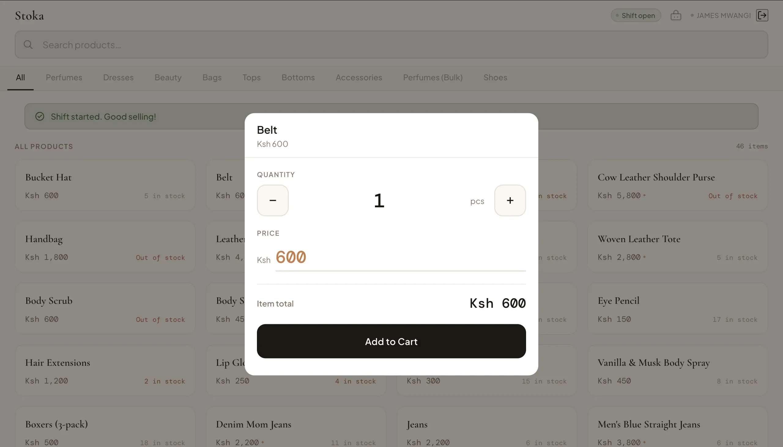 Staff desktop sale view — product grid with Add to Cart modal open