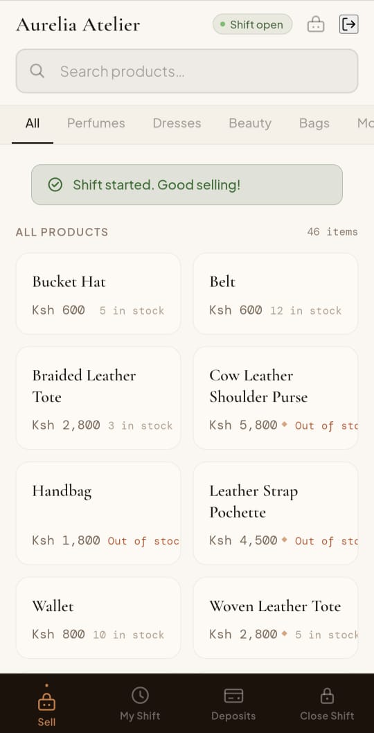 Staff mobile sale view — product grid on phone